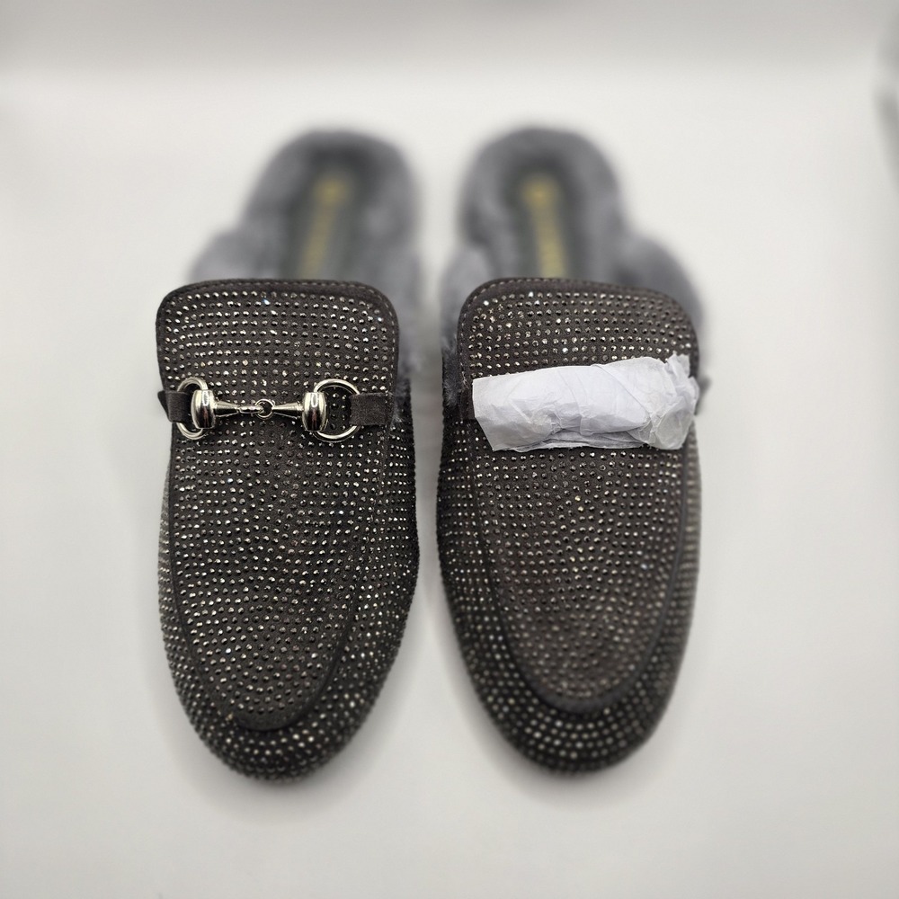 NEWBELLA Rhinestone Faux Fur Mule Slippers Gray Silver Horsebit 6.5 NIB
